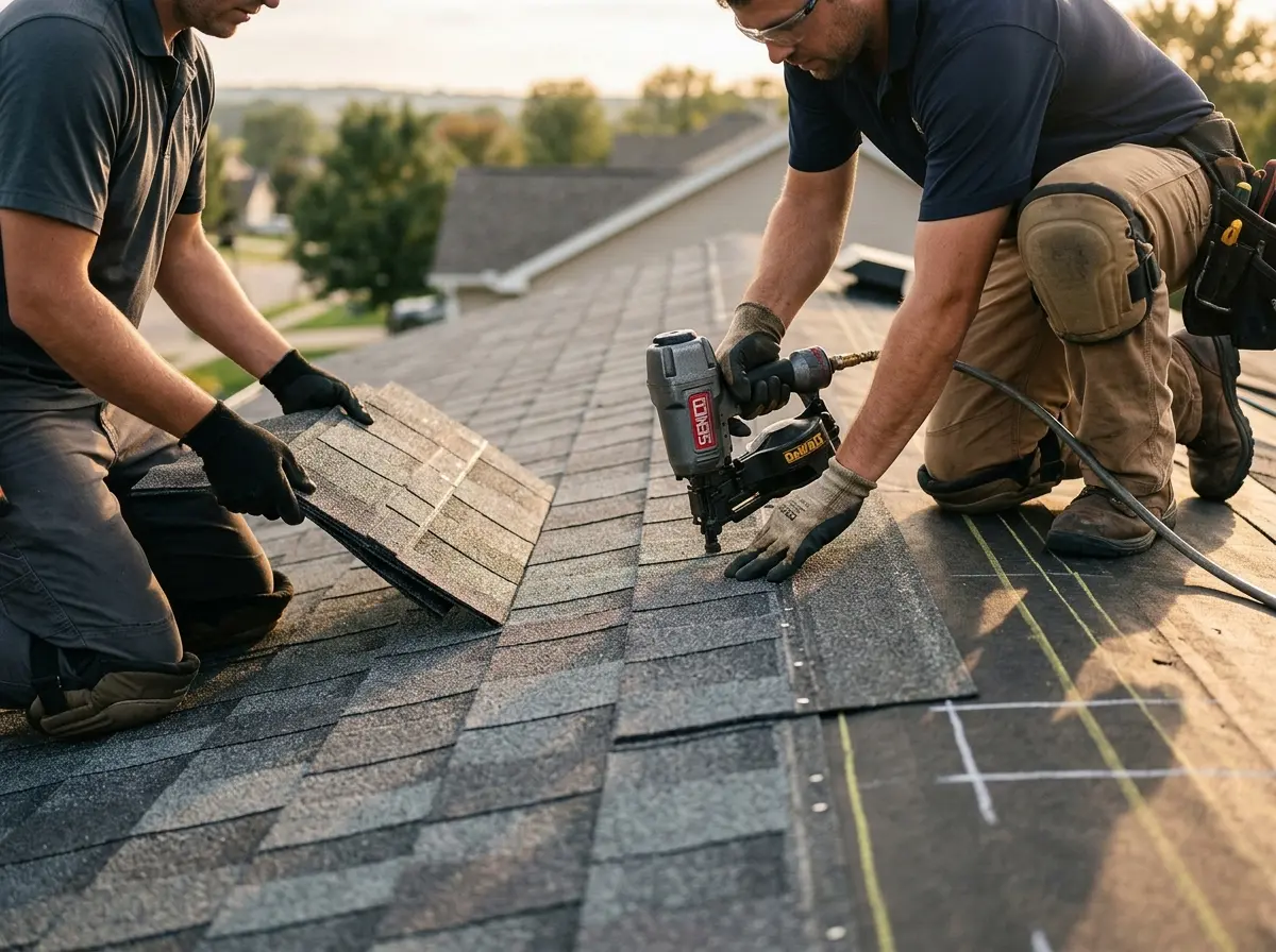 Professional roofer working on a residential roof in Hastings